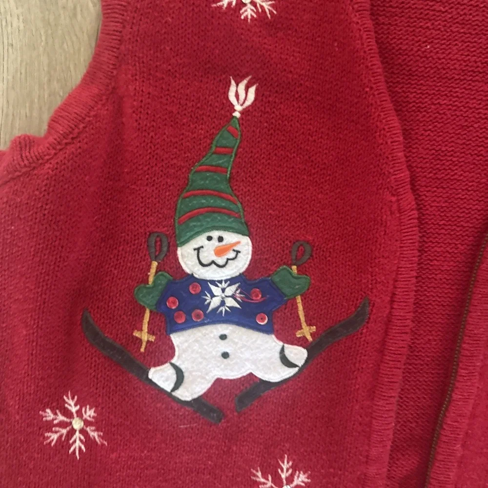 Vintage BOBBIE BROOKS Sweater Vest RED Christmas‎ SNOWMEN Zip XL